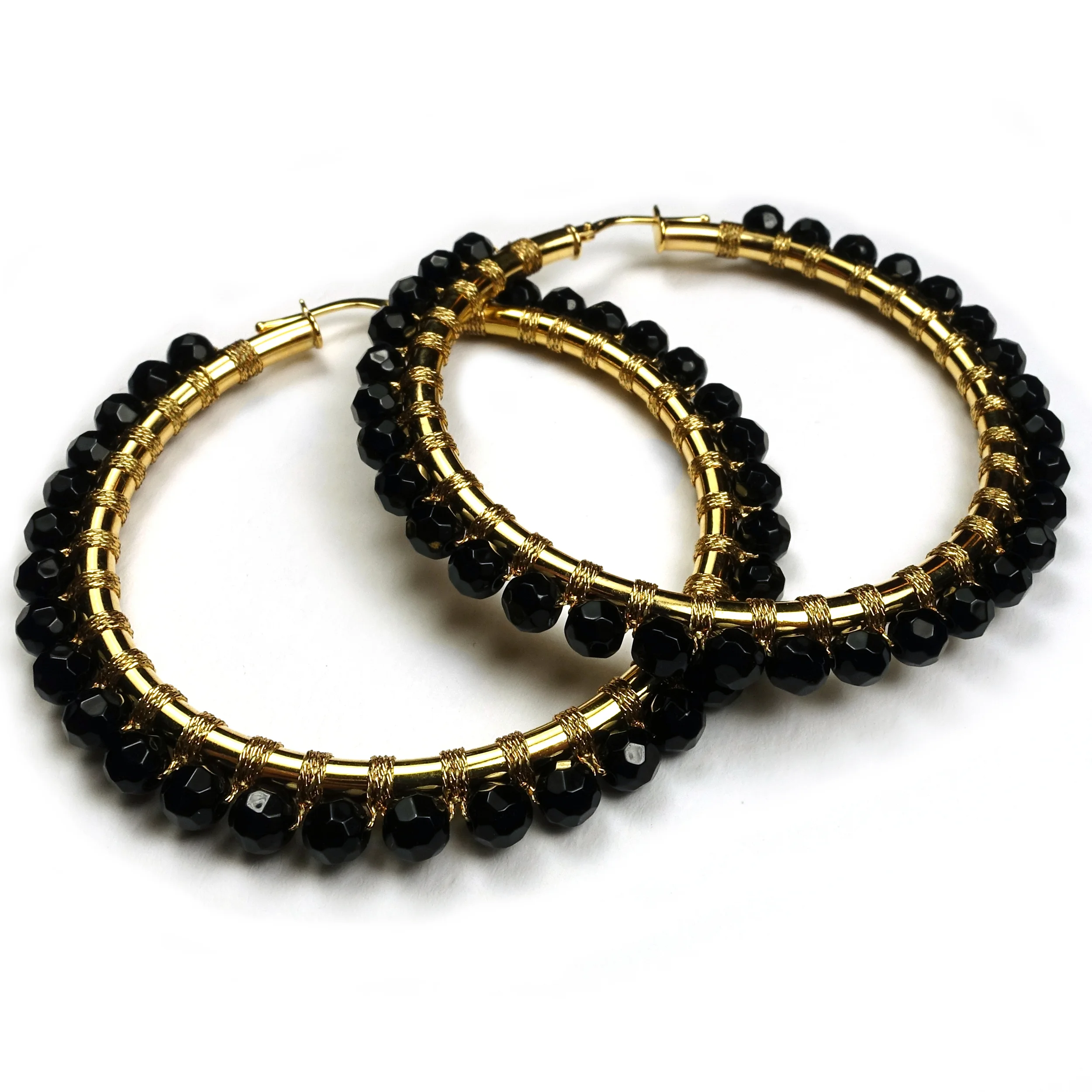EF924-925XX 14KT GOLD HOOPS HANDWOVEN WITH BLACK ONYX